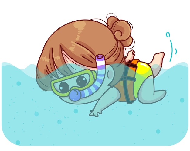 かわいい女の子が海の漫画イラストでサンゴと魚の間でダイビング プレミアムベクター