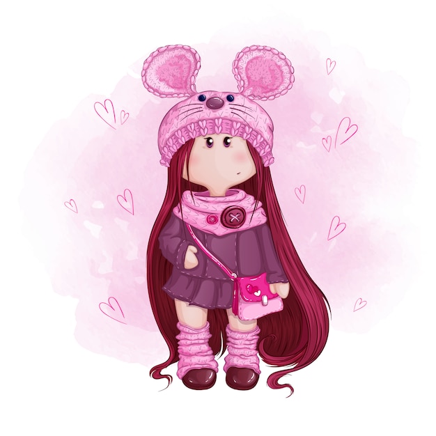 Cute girl doll with long hair in a knitted hat with mouse ears and a pink handbag. Premium Vector