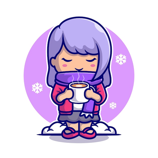 かわいい女の子は雪の漫画アイコンイラストでホットコーヒーを飲みます 無料のベクター