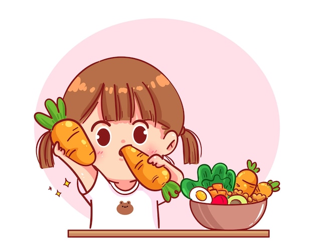 かわいい女の子はサラダ野菜の果物を食べる漫画アートイラスト プレミアムベクター