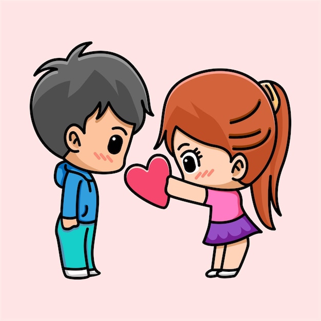 Premium Vector Cute Girl Give Heart To Her Boyfriend Cartoon Illustration