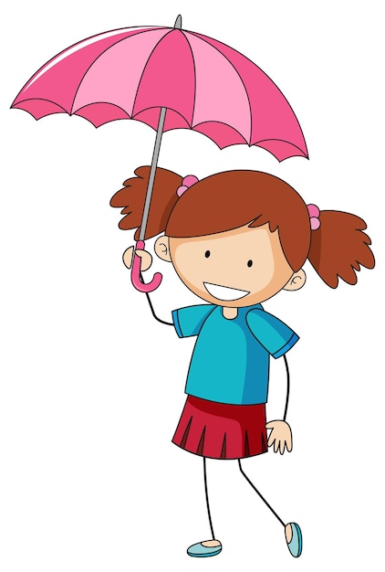Free Vector | Cute girl holding umbrella doodle cartoon character isolated
