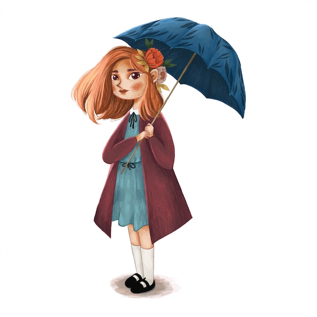 プレミアムベクター 傘を持ってかわいい女の子イラスト