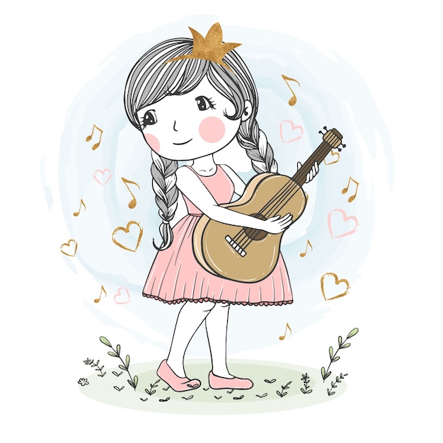 ギターを弾くかわいい女の子のイラスト プレミアムベクター