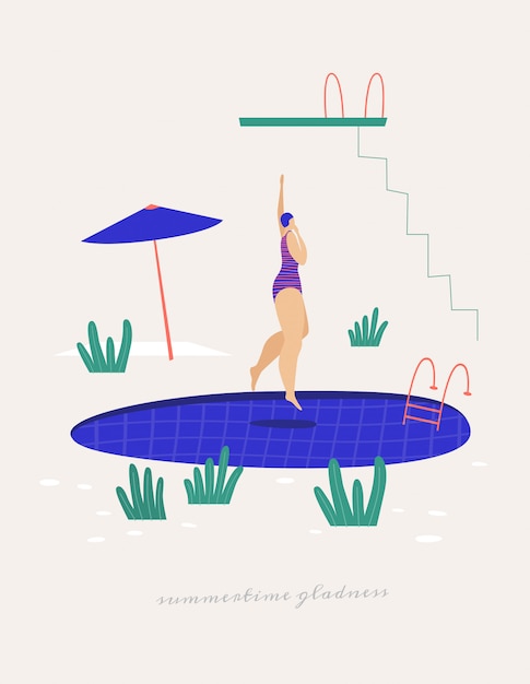 プールに飛び込む水着のかわいい女の子 夏は水辺で余暇活動 トレンディなフラットスタイルのイラスト プレミアムベクター