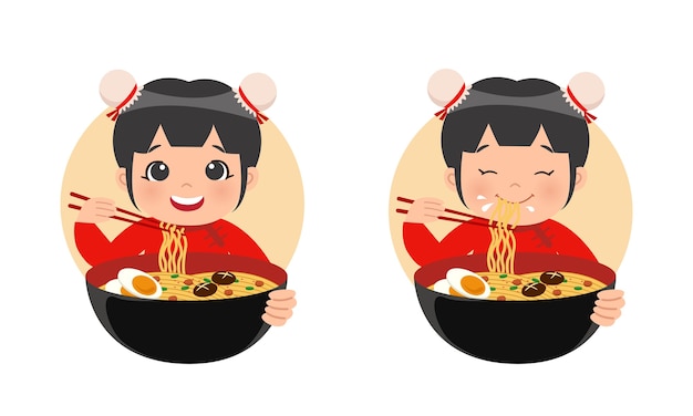 伝統的な中国の服装のかわいい女の子が麺ラーメンを食べる プレミアムベクター