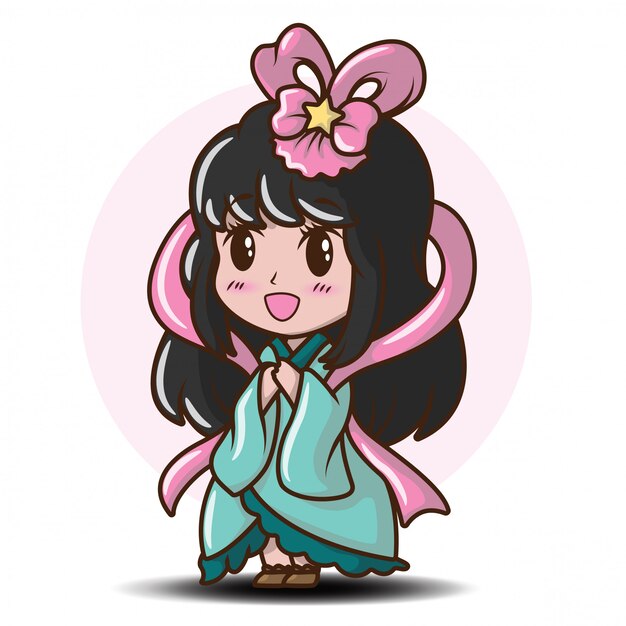 かわいい女の子日本人のプリンセスコスチューム キャラクター漫画 プレミアムベクター