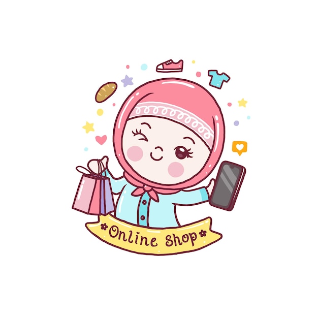 Premium Vector | Cute girl kawaii online shop logo isolated on white