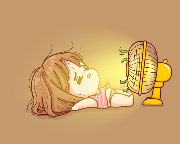 かわいい女の子は夏の漫画イラストで非常に暑いファンの前に横になります プレミアムベクター