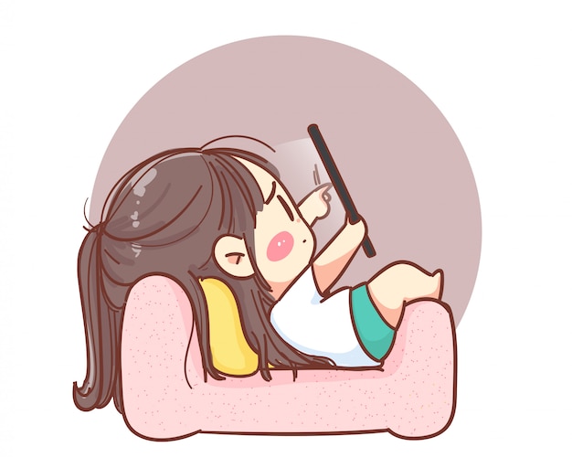 タブレットが付いているソファーで横になっているかわいい女の子漫画イラストのロゴ プレミアムベクター プレミアムベクター