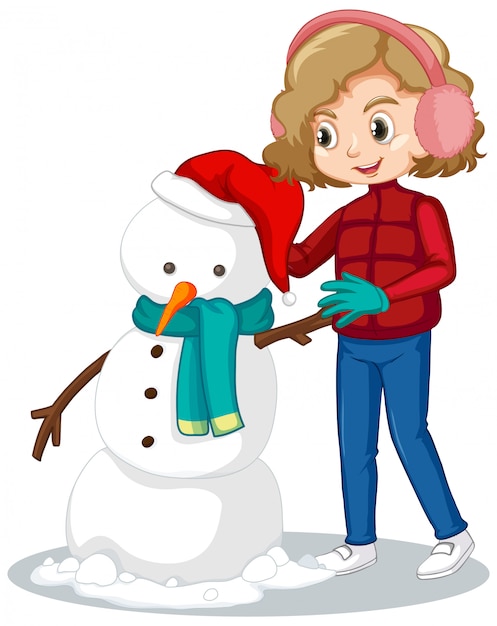 Free Vector | Cute girl making snowman in the snow field