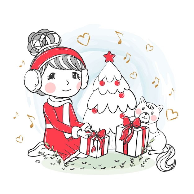 手描きの猫のイラストでクリスマスプレゼントを開くかわいい女の子 無料のベクター