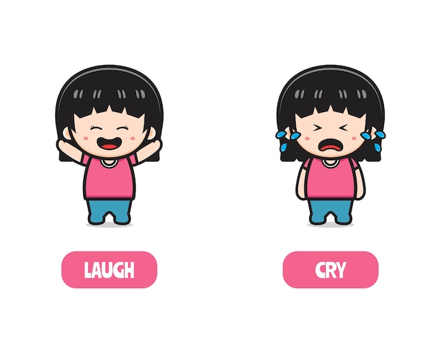 Premium Vector | Cute Girl Opposite Laugh And Cry, Words Antonym For ...