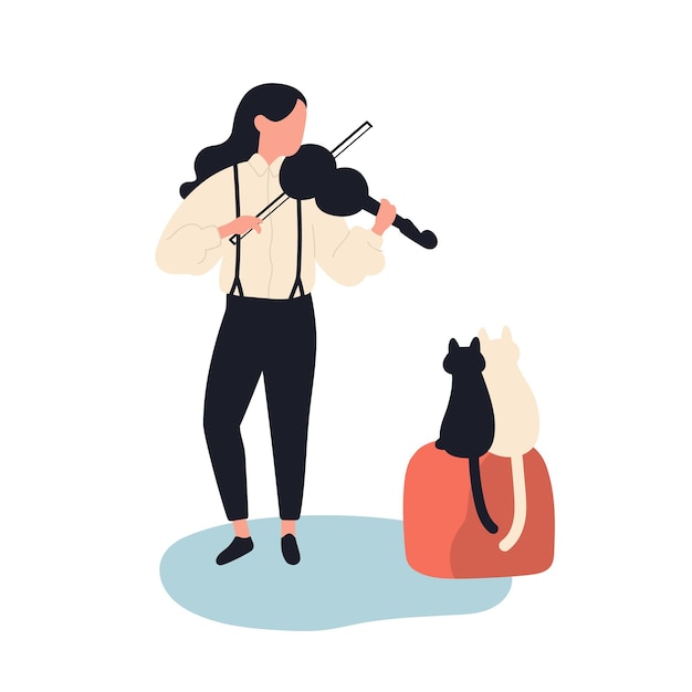 彼女の猫のためにバイオリンを弾くかわいい女の子 白い背景で隔離の面白い愛らしい女性ミュージシャンと子猫 家畜の演奏 フラット漫画カラフルなベクトル イラスト プレミアムベクター