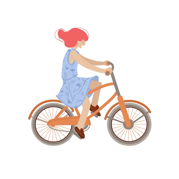 かわいい女の子は都市自転車に乗る 自転車 イラスト 白い背景で隔離の夏のスポーツ活動をしている笑顔の幸せな女 プレミアムベクター