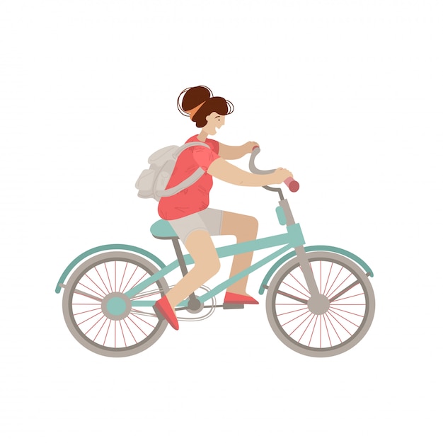 かわいい女の子は都市自転車に乗る 自転車 イラスト 白い背景で隔離の夏のスポーツ活動をしている笑顔の幸せな女 プレミアムベクター