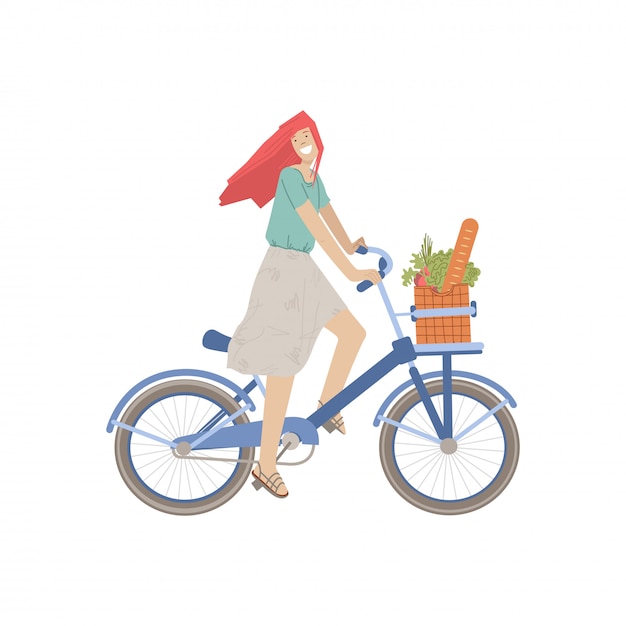 かわいい女の子は パン 緑の食べ物 野菜でいっぱいの製品バスケットで都市の自転車に乗る 自転車 イラスト 食料品店に乗って 夏のスポーツ活動をして 笑顔の幸せな女の子 プレミアムベクター