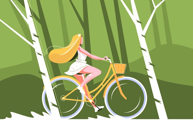 自転車に乗ってかわいい女の子のイラスト プレミアムベクター