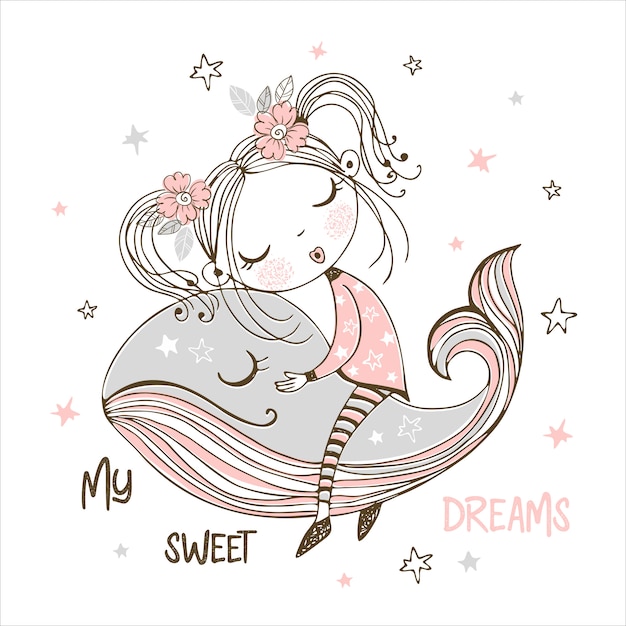 魔法のクジラで甘く寝ているかわいい女の子 いい夢を プレミアムベクター