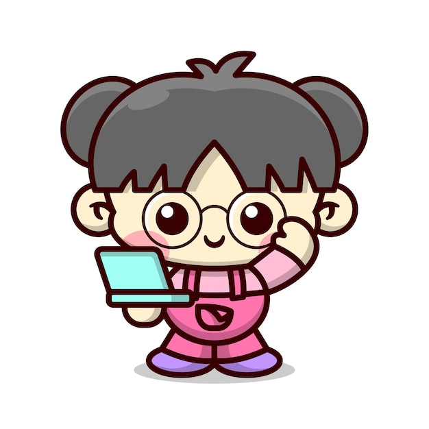 Premium Vector | Cute girl wearing glasses and bringing a blue laptop