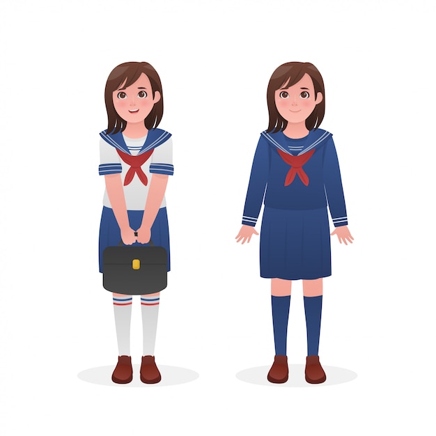 日本のセーラー服のキャラクターデザインを着たかわいい女の子 プレミアムベクター