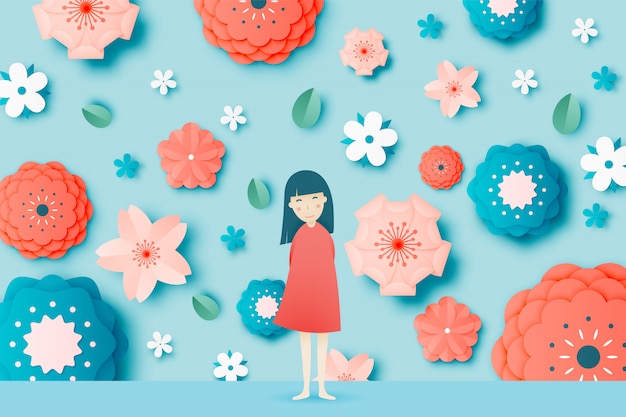 美しい花柄ペーパーアートとパステルカラーの配色ベクトルイラストとかわいい女の子 プレミアムベクター