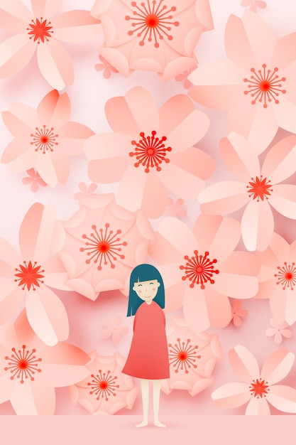 美しい花柄ペーパーアートとパステルカラーの配色ベクトルイラストとかわいい女の子 プレミアムベクター