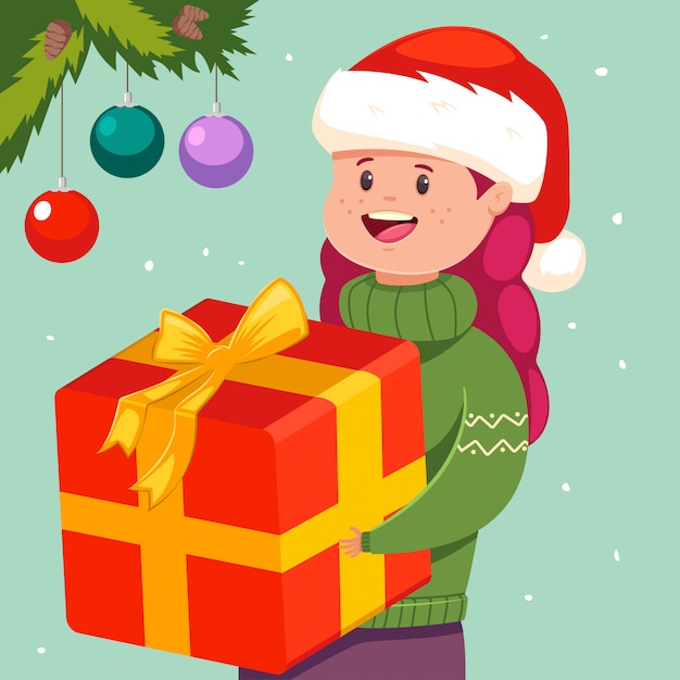 プレミアムベクター サンタ帽子でクリスマスプレゼントとかわいい女の子 幸せな子供キャラクターとベクトル休日イラスト