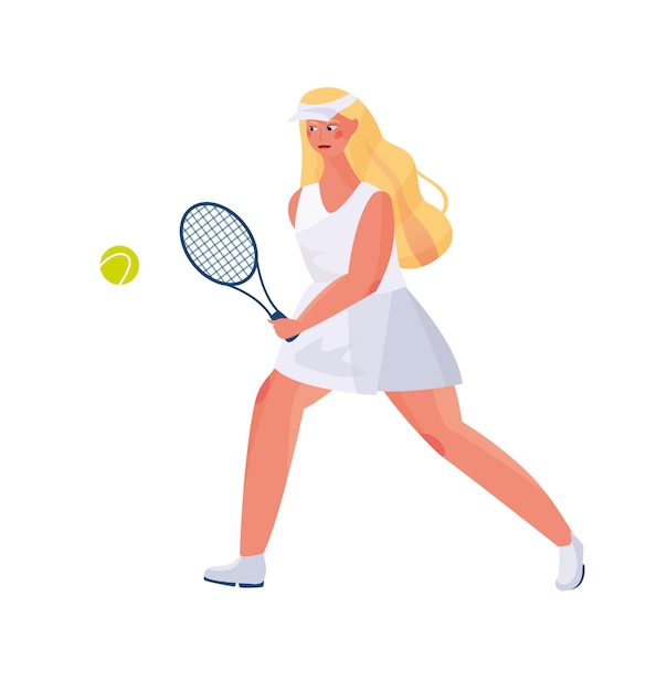 スポーツユニフォームの長い髪のかわいい女の子は ラケットとテニスボールの手でテニスをします プレミアムベクター