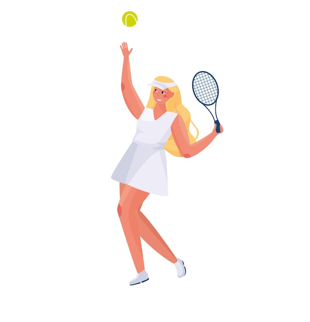 スポーツユニフォームの長い髪のかわいい女の子は ラケットとテニスボールの手に白い背景でテニスをします プレミアムベクター