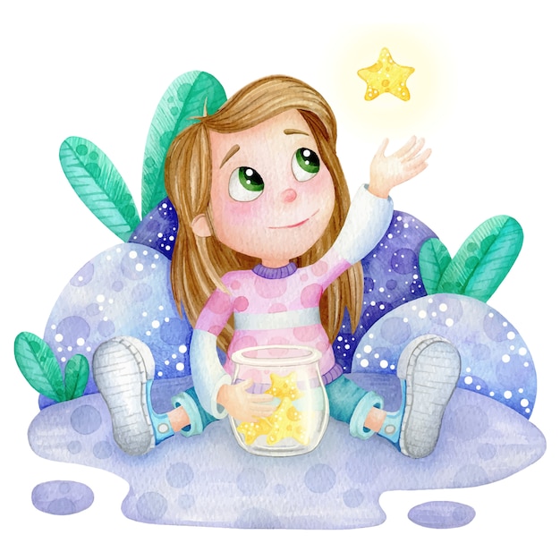 星の赤ちゃん水彩イラストとかわいい女の子 プレミアムベクター