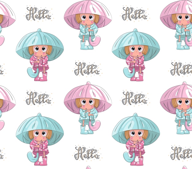 Download Cute girl with umbrella pattern friends cartoon hand drawn ...
