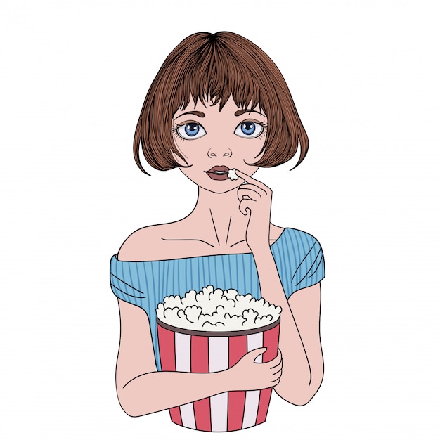 ポップコーンの大きなカップでかわいい女の子 映画館で若い女性 白い背景で隔離の肖像画図 プレミアムベクター