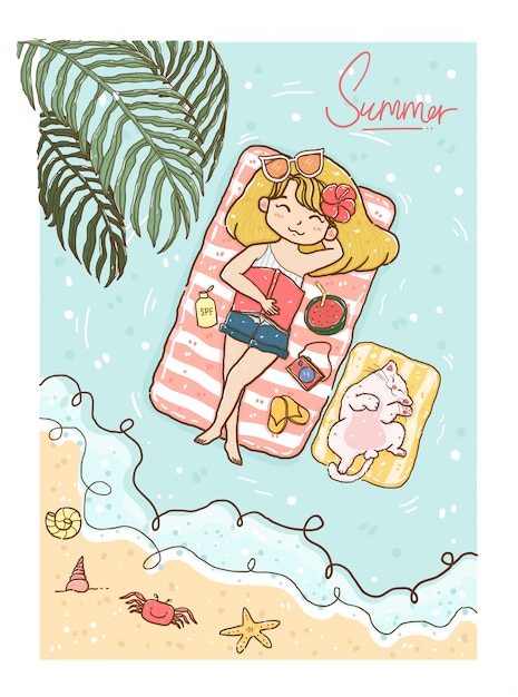 ビキニとジーンズでかわいい女の子黄色い髪夏の白いふわふわ子猫猫と海で日光浴 プレミアムベクター