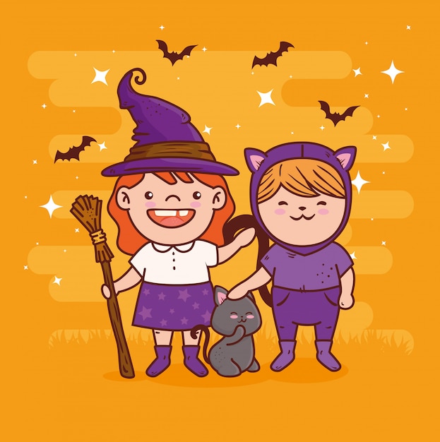 ハッピーハロウィンのお祝いのための魔女と猫を装ったかわいい女の子ベクトルイラストデザイン プレミアムベクター