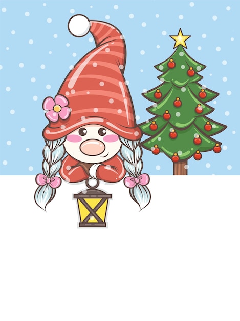 クリスマスのイラストでソーラーランタンを保持しているかわいいノームの女の子 プレミアムベクター