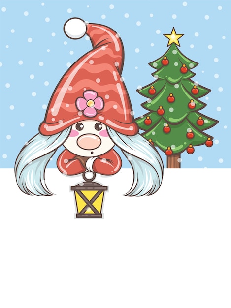 クリスマスのイラストでソーラーランタンを保持しているかわいいノームの女の子 プレミアムベクター