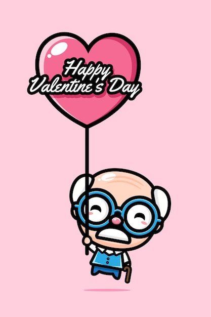 Download Premium Vector Cute Grandpa Flying With Happy Valentine S Day Greeting Heart Balloons