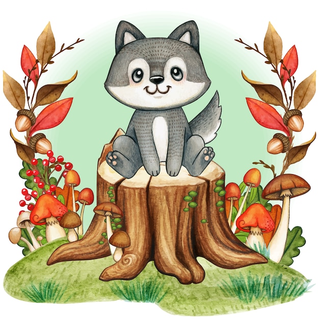 Download Cute gray baby wolf on a tree stump in autumn woodland | Premium Vector