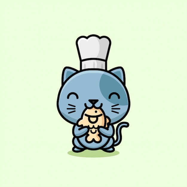 かわいい灰色の猫がシェフの帽子をかぶっていて たい焼きのイラストを食べています プレミアムベクター