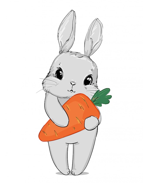 Premium Vector | Cute gray rabbit holding a carrot isolated on white