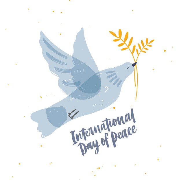かわいい灰色の半透明の鳩 鳩 鳥が飛んでオリーブの枝と国際平和デーの文字を運んでいます プレミアムベクター