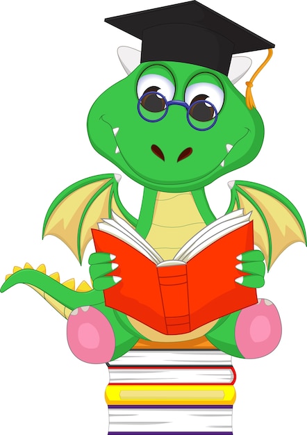 Cute green dragon reading a book Vector | Premium Download