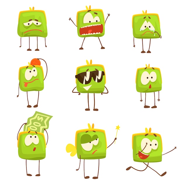 カラフルなキャラクターのイラストのさまざまな感情セットを示すかわいい緑面白い人間化された財布 プレミアムベクター