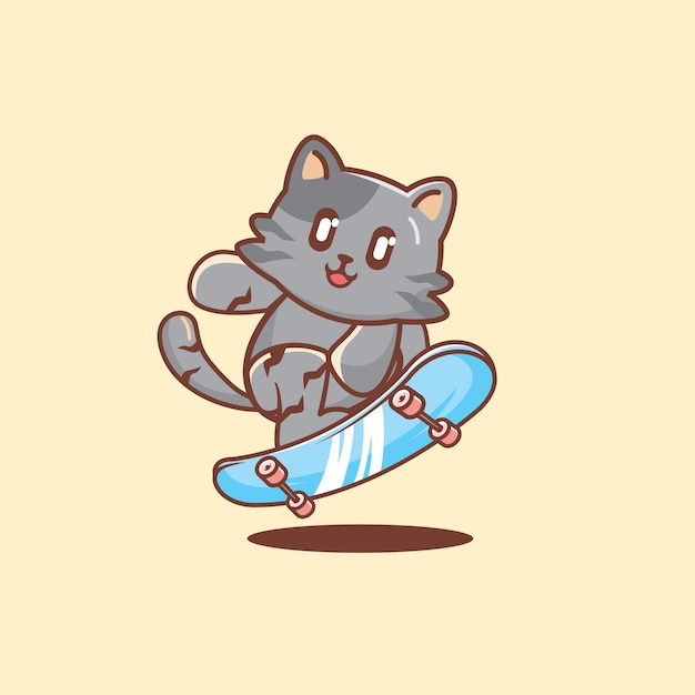 Premium Vector Cute grey cat playing skateboard cartoon vector