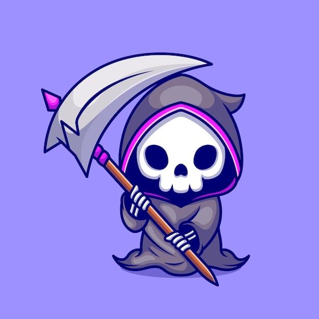Premium Vector | Cute grim reaper holding scythe cartoon icon ...