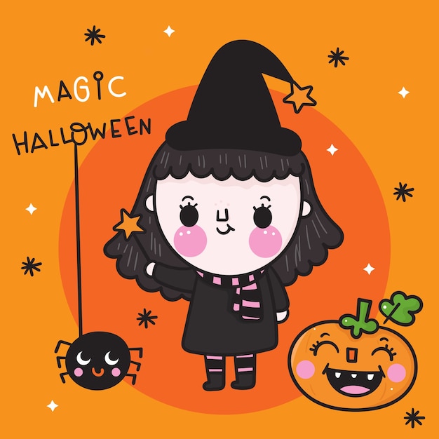 プレミアムベクター カボチャとクモのかわいい漫画のかわいいハロウィーンの少女魔女