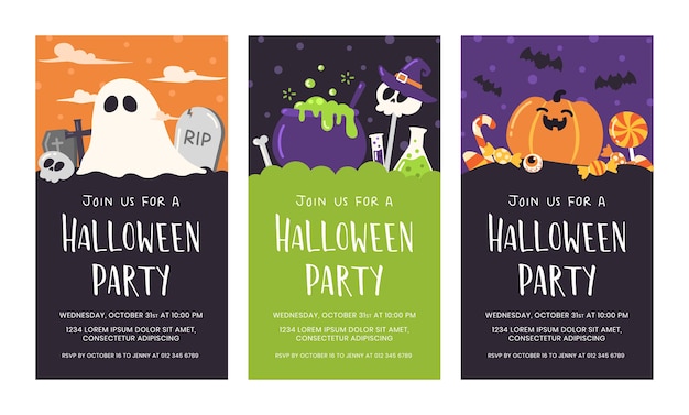 Premium Vector | Cute halloween party invitation card set.