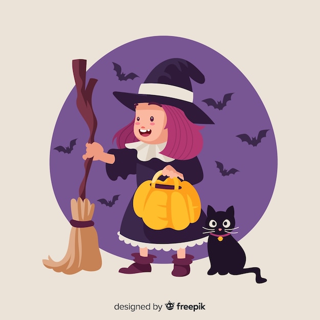 Premium Vector | Cute halloween witch and black cat