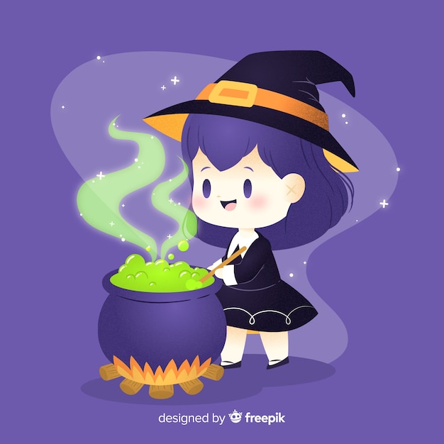 Cute halloween witch stirring in the pot Free Vector
